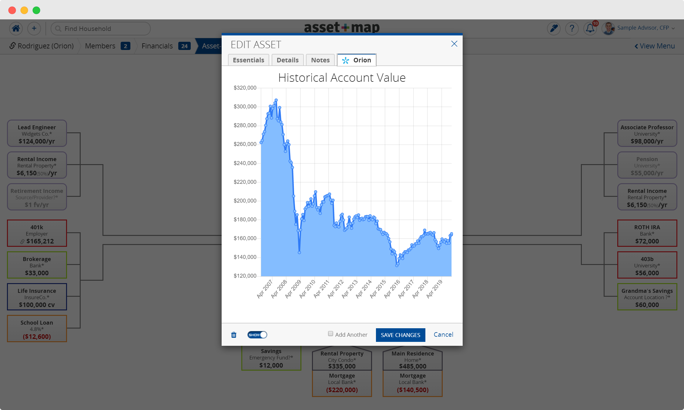 Viewing Orion data on an Asset-Map financial box