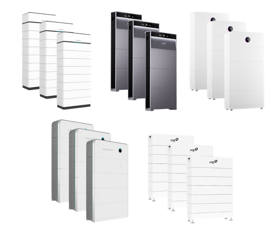 Range of modern home battery storage units lined up at an Australian installer, illustrating the brands eligible under the updated rebate scheme.