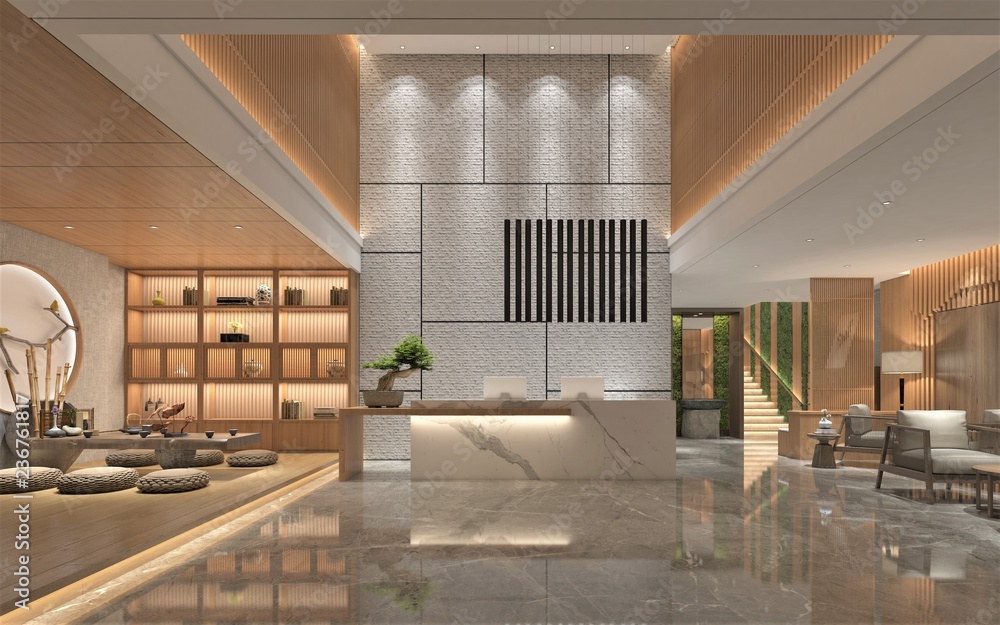Vue 3D d'un lobby hôtel