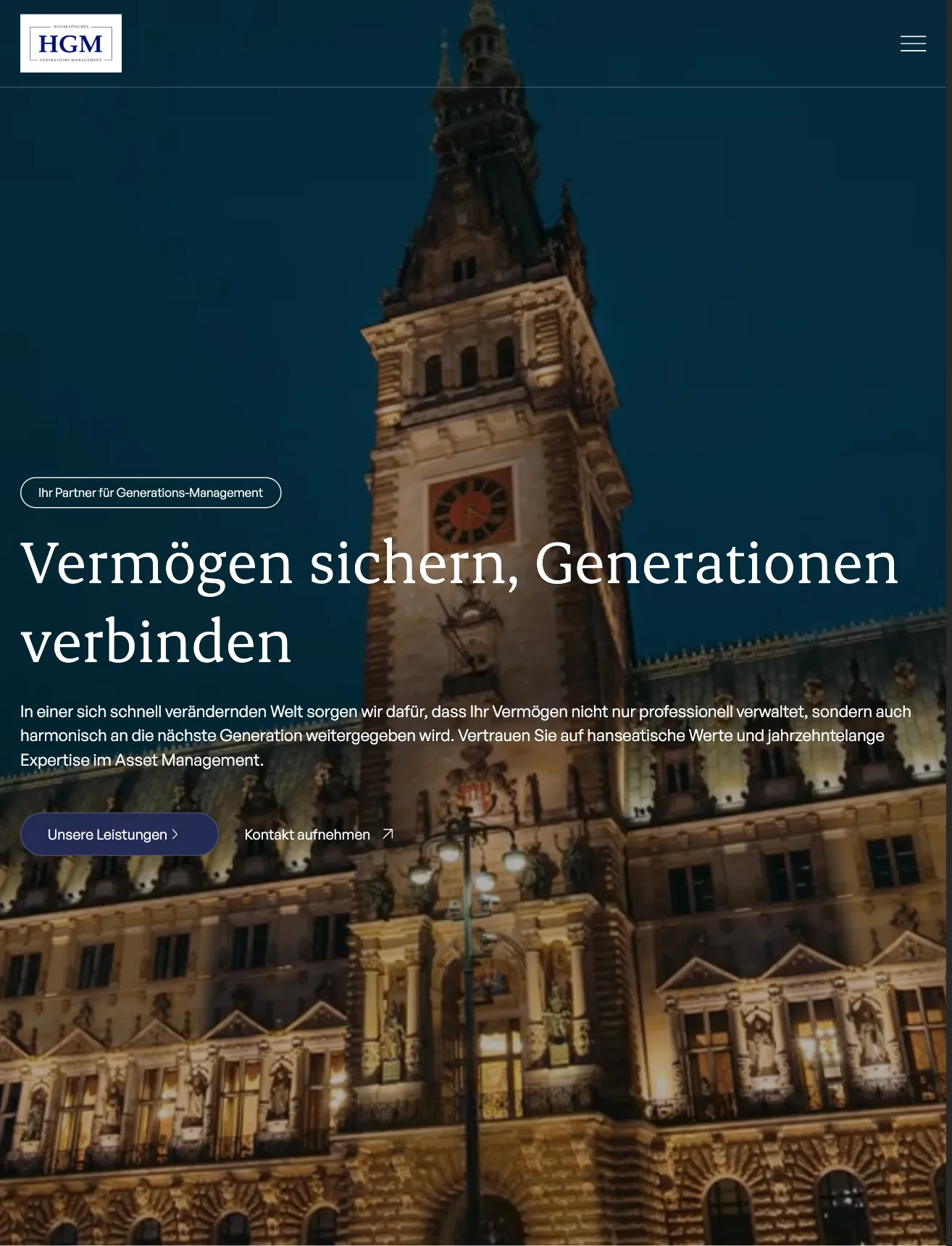 Startseiten-Screenshot: Individuelle Webflow-Unternehmenswebsite für HGM – responsive Webdesign von Blueprint
