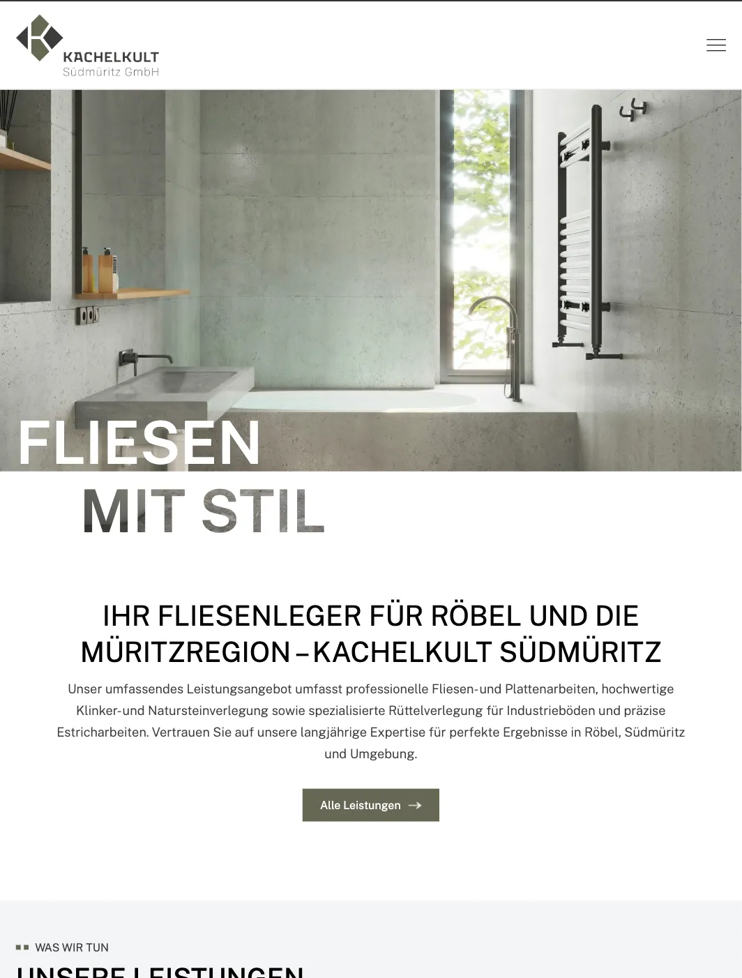Screenshot der Handwerks-Website für Fliesenleger Kachelkult Südmüritz, moderne Badsanierung und Fliesenverlegung, Webdesign von Blueprint Hamburg