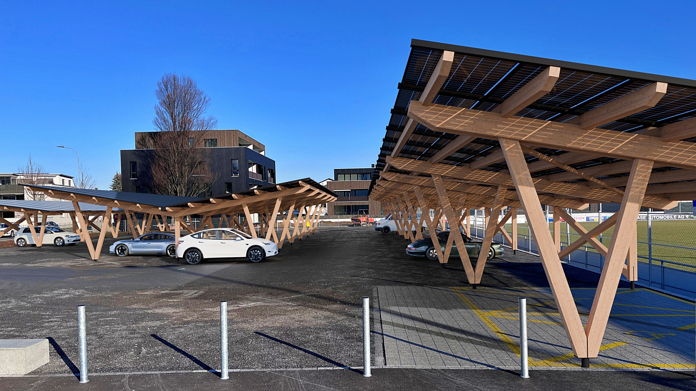 A solar pv carport on a gravel parking lot. The photovoltaic modules are installed on a wooden substructure from Leiser Electric.