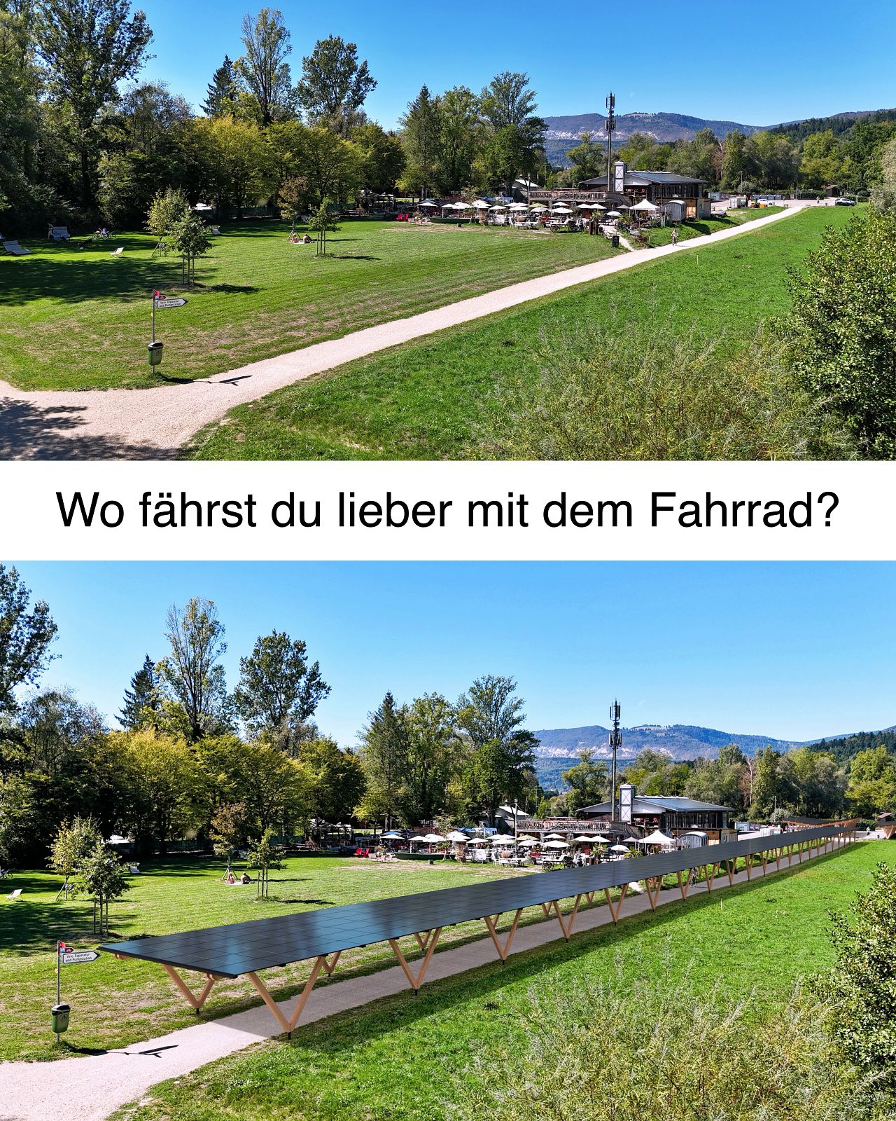 Veloweg zur Aare im Vergleich: oben der ungedeckte Weg, unten überdacht mit einer Photovoltaikanlage auf Holzstützen als Wetterschutz.