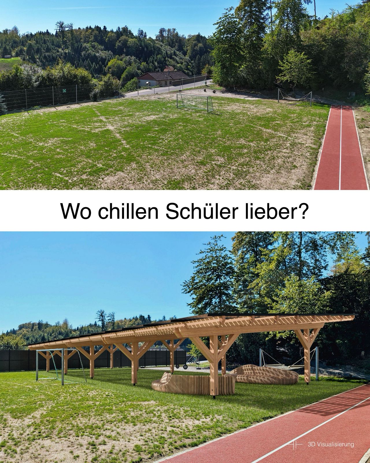 Pausenplatz eines Schulhauses im Vorher-Nachher-Vergleich: oben der offene Rasenplatz, unten der Schattenplatz unter dem Solar Port aus Holz mit lichtdurchlässigen Solarmodulen.