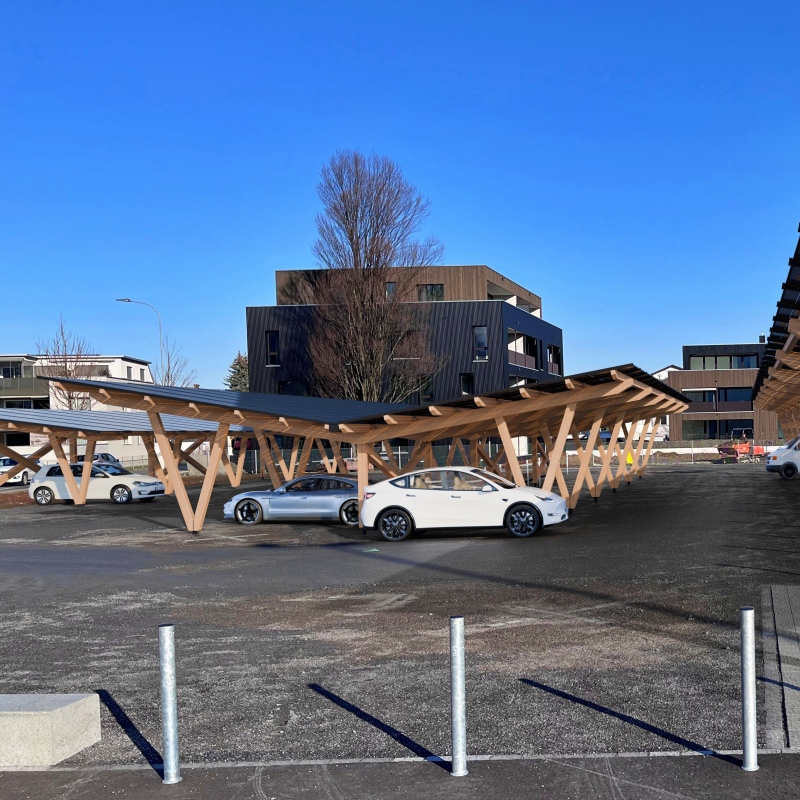 A wooden solar carport in Switzerland near a Sports Centre in Eastern Switzerland