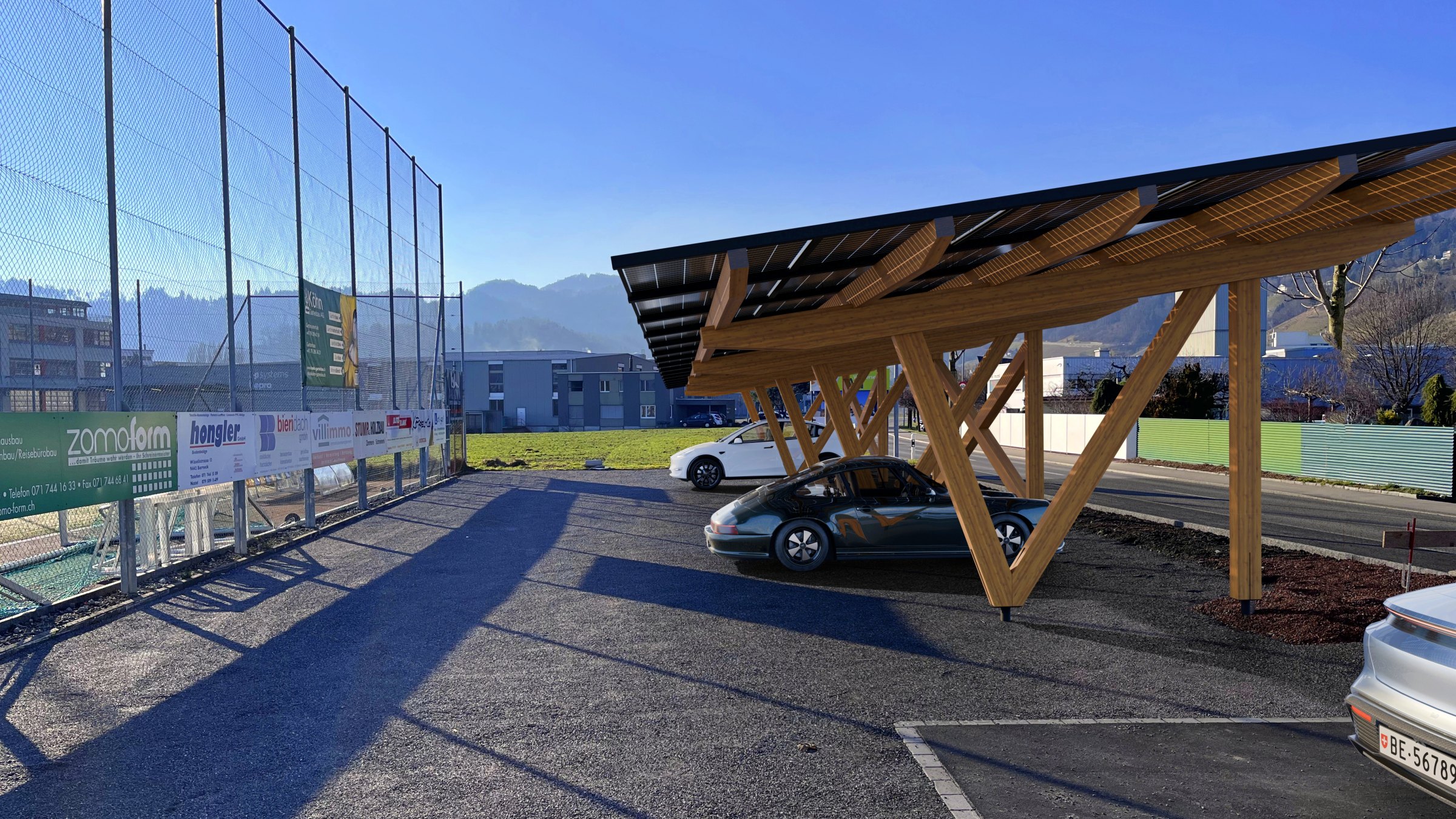 Den Parkplatz des neuen Sportplatzes aufwerten und die Gemeinde und ihre Einwohner mit lokal erzeugtem Strom versorgen.