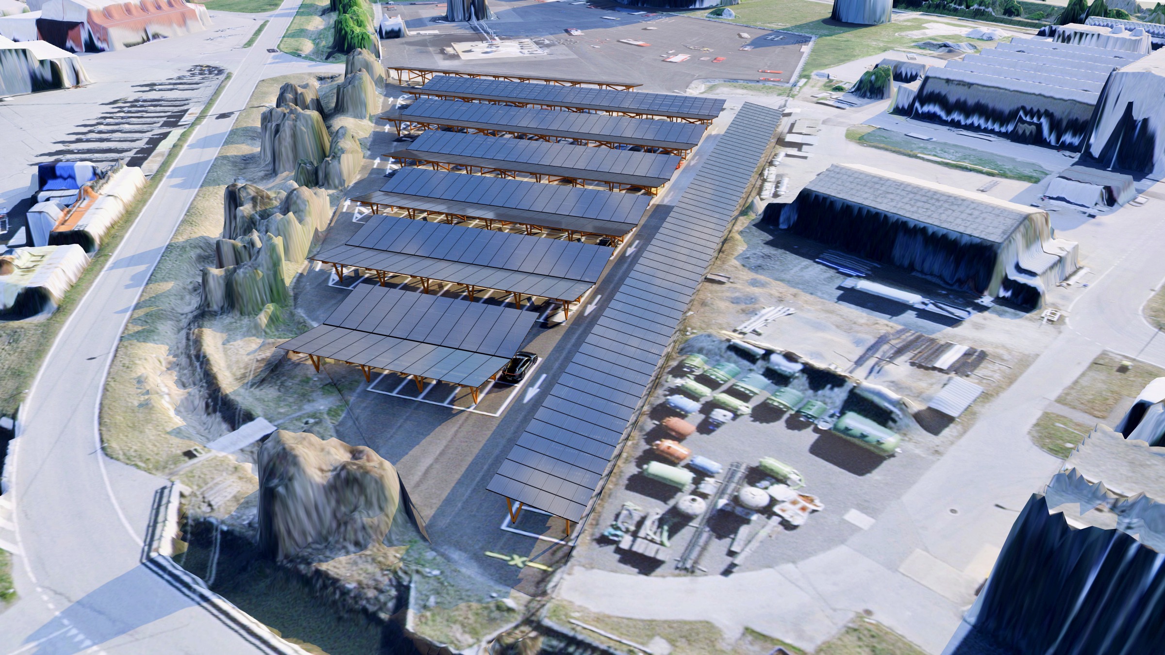 Die erneuerbare Energieversorgung für den Konzern, die der Schneelast trotzt und nebenbei den Parkplatz aufwertet.