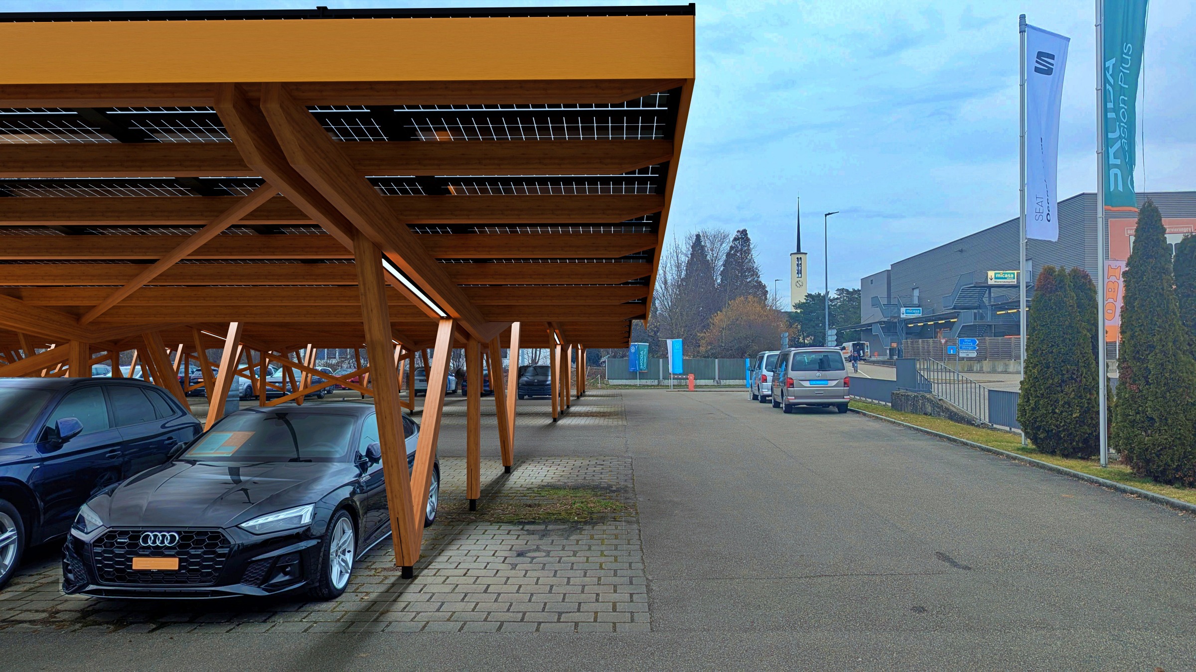 Die Fahrzeugausstellung aufwerten, Fahrzeuge vor Hagel schützen und erneuerbare Energie erzeugen.