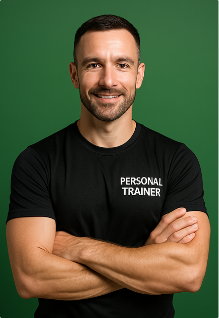 Homme sportif dans la trentaine, portant un t-shirt noir « Personal Trainer ». Il se tient debout, les bras croisés, affichant une expression déterminée. En arrière-plan, un décor de salle de sport moderne.
