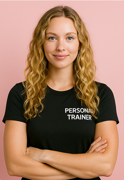 Jeune femme blonde aux cheveux bouclés, souriante, en tenue de sport noire. Elle est debout, sur un fond rose clair, avec une posture confiante et accueillante.
