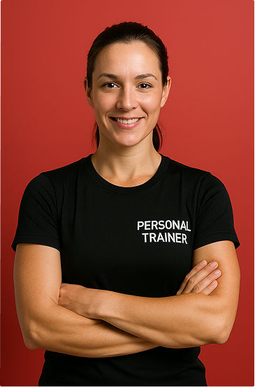 Femme athlétique aux cheveux châtain clair attachés, regard concentré, habillée en tenue de sport foncée. Elle se tient devant un mur lumineux, bras croisés, posture droite et affirmée.