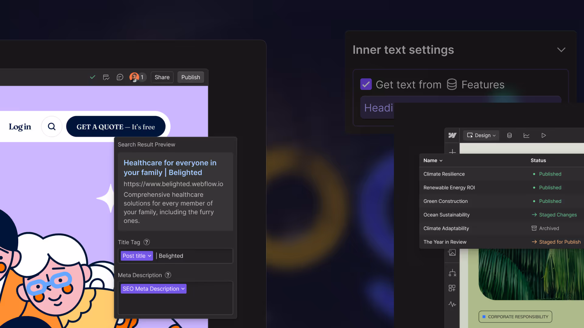 Illustration de plusieurs layout permettant la création de contenu sur webflow 