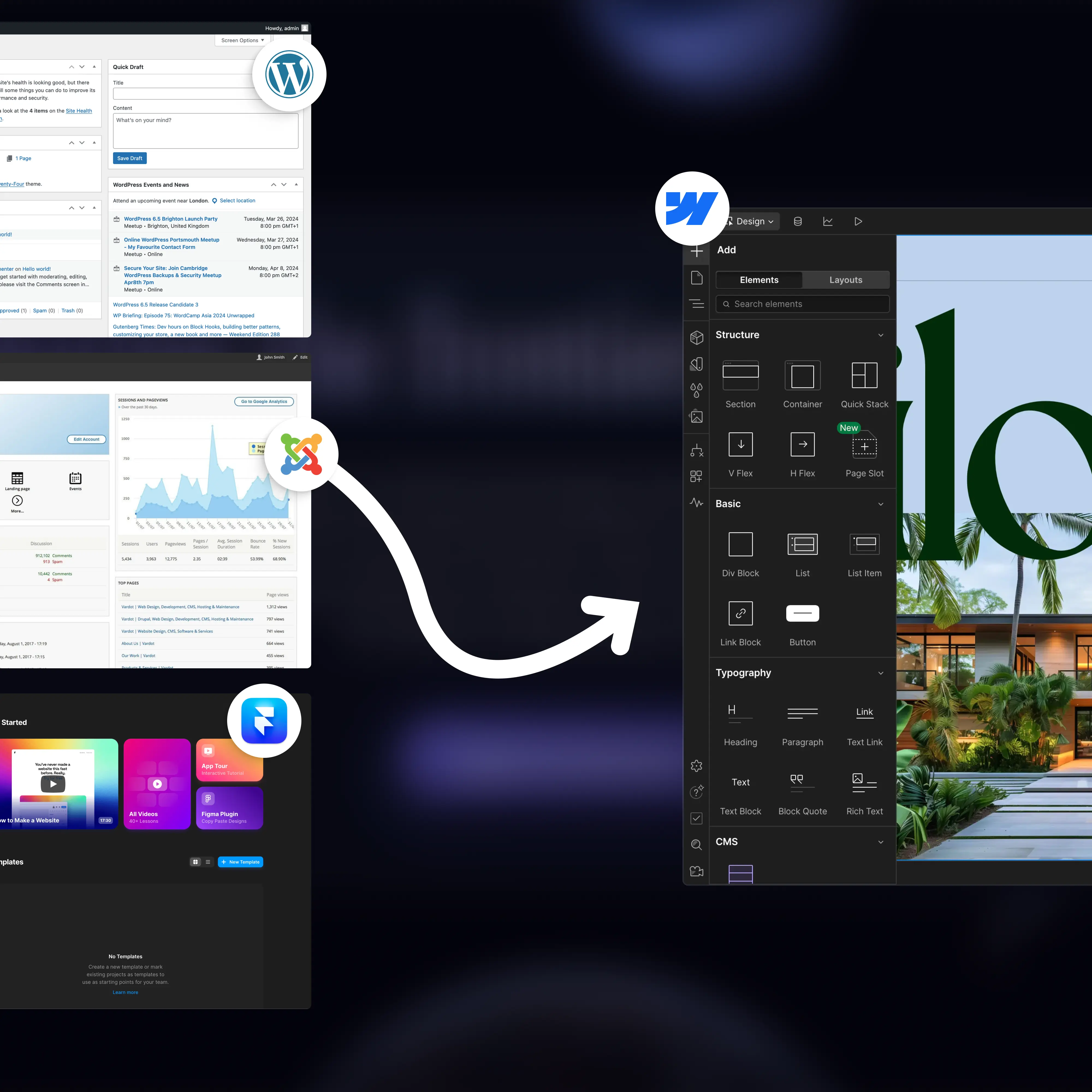Illustration démontrant la migration de framer, joomla, wordpress vers le CMS Webflow