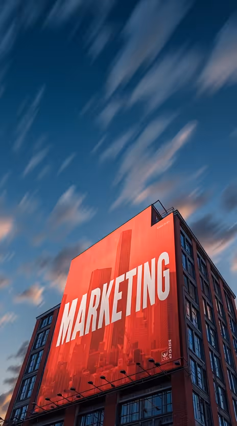 Image style IA : Immeuble avec sticker marketing