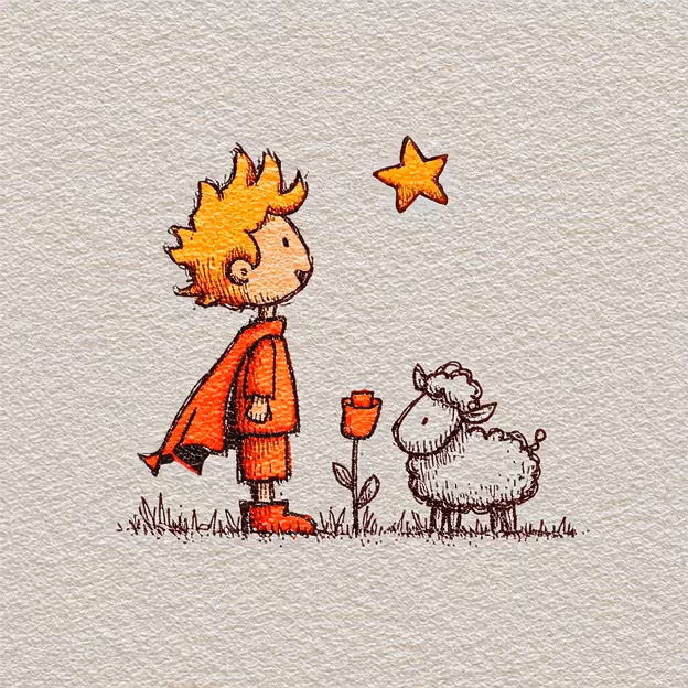 Image style IA : Dessin style enfantin, d'un garçon fixant une étoile en compagnie d'un mouton