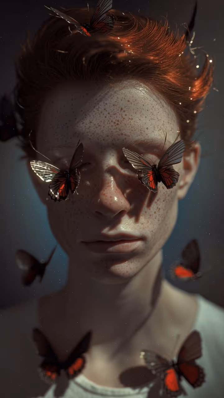 Image style IA : Femme avec des papillons sur le visage