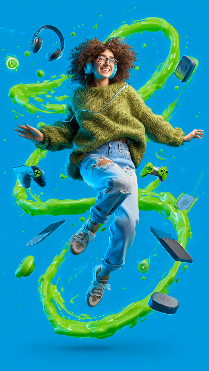 Image style IA : Femme heureuse avec de la musique autour d'elle 