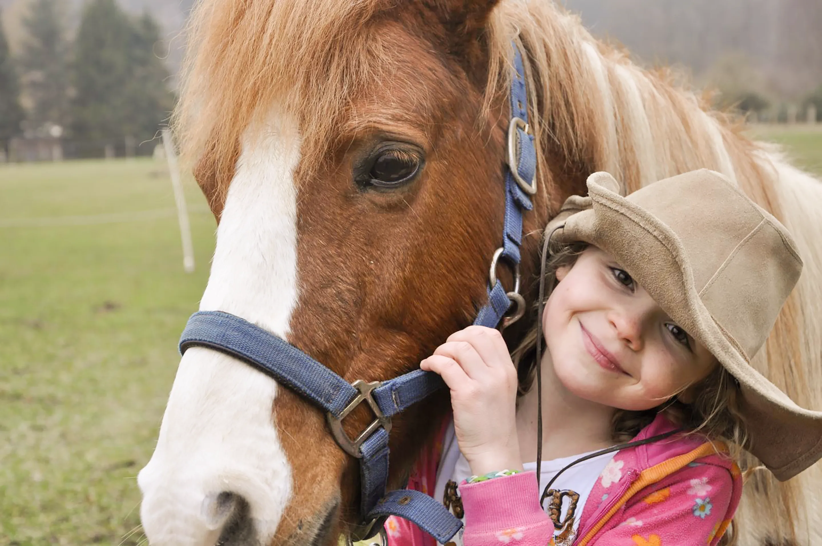 Kind mit Pony am Kuscheln beim therapeutischen Reiten auf dem Hof