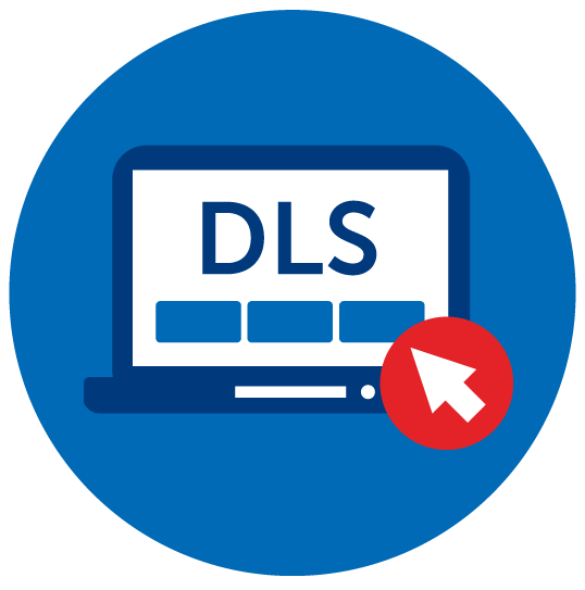 DLS logo on a computer screen icon