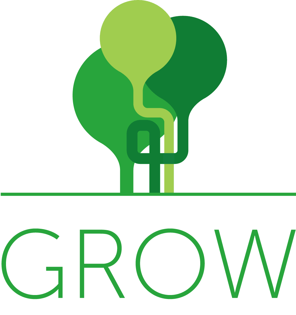 Logo with three abstract stylized green trees above the word 'GROW' in uppercase green letters.