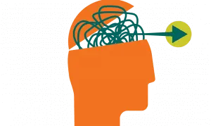 Orange silhouette of a human head with tangled lines inside and a green arrow pointing outward, symbolizing focused thinking or clarity.