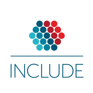 Logo with a hexagonal pattern of blue and red dots above the word INCLUDE and a horizontal line.