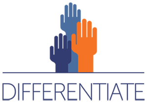 Three raised hands in different shades of blue and orange above the word 'DIFFERENTIATE'.