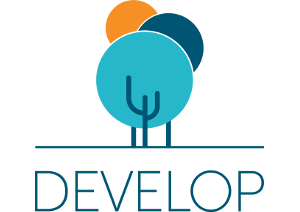 Stylized graphic of three overlapping trees in blue and orange above the word DEVELOP.