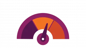 Gauge meter with needle pointing slightly right of center, on a scale with orange and purple sections.