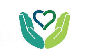 Two stylized hands in blue-green and green holding a heart shape in matching colors.