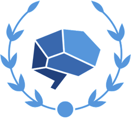 Stylized blue polygonal brain encircled by a laurel wreath made of leaves and dots, symbolizing knowledge or achievement.