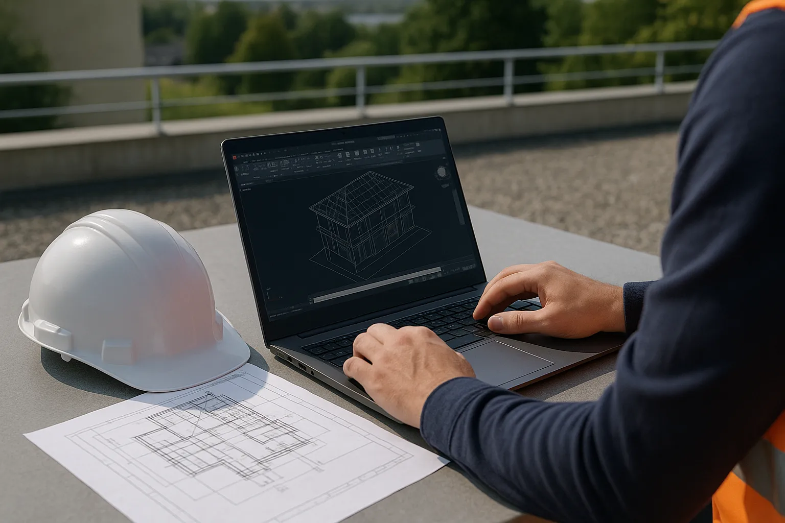 Technisch ontwerper werkt op laptop met 3D-model van een gebouw voor bliksembeveiligingsstudie