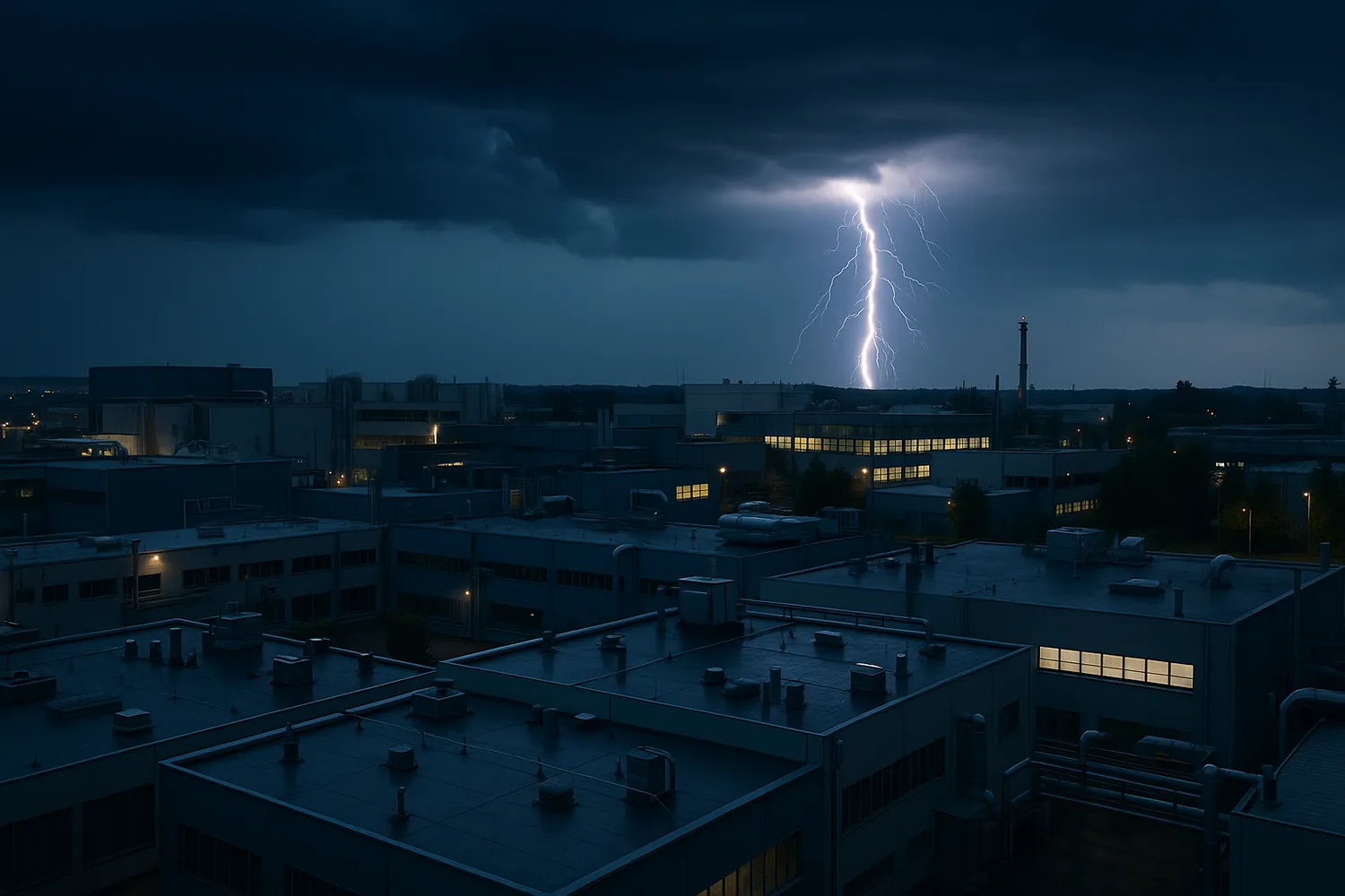 Blikseminslag boven een industrieel gebouwencomplex tijdens een onweerachtige avond