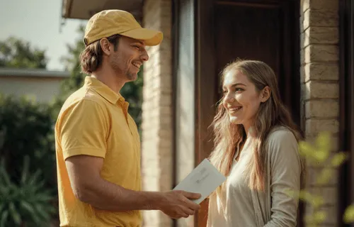 Zusteller übergibt Briefsendung persönlich an Kundin – verlässlicher Postservice mit Nähe und Vertrauen.