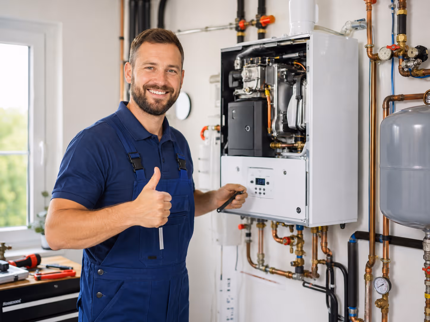Ein Handwerker für Sanitär, Heizung und Klimaanlagen steht vor einer Gas-Therme und zeigt den Daumen nach oben, weil er mit der epostbox 40% Kosten beim Versand von Aufträgen, Rechnungen, Mahnungen und Verträgen spart.