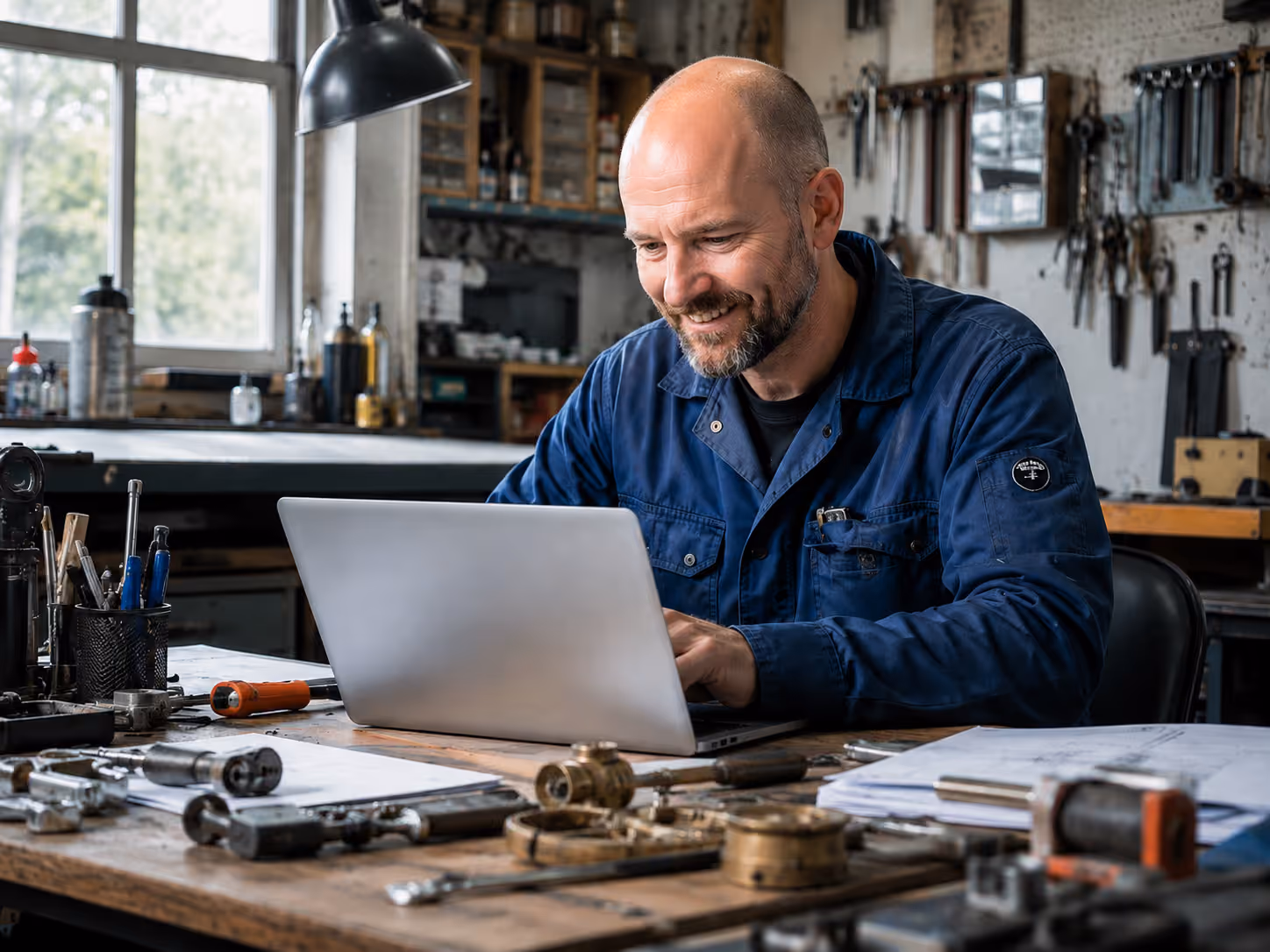 Ein Sanitär-, Heizungs- und Klima-Handwerker sitzt vor einem Laptop in seinem Büro und versendet seine Wartungsverträge und Rechnungen mit der epostbox bis zu 40% günstiger.