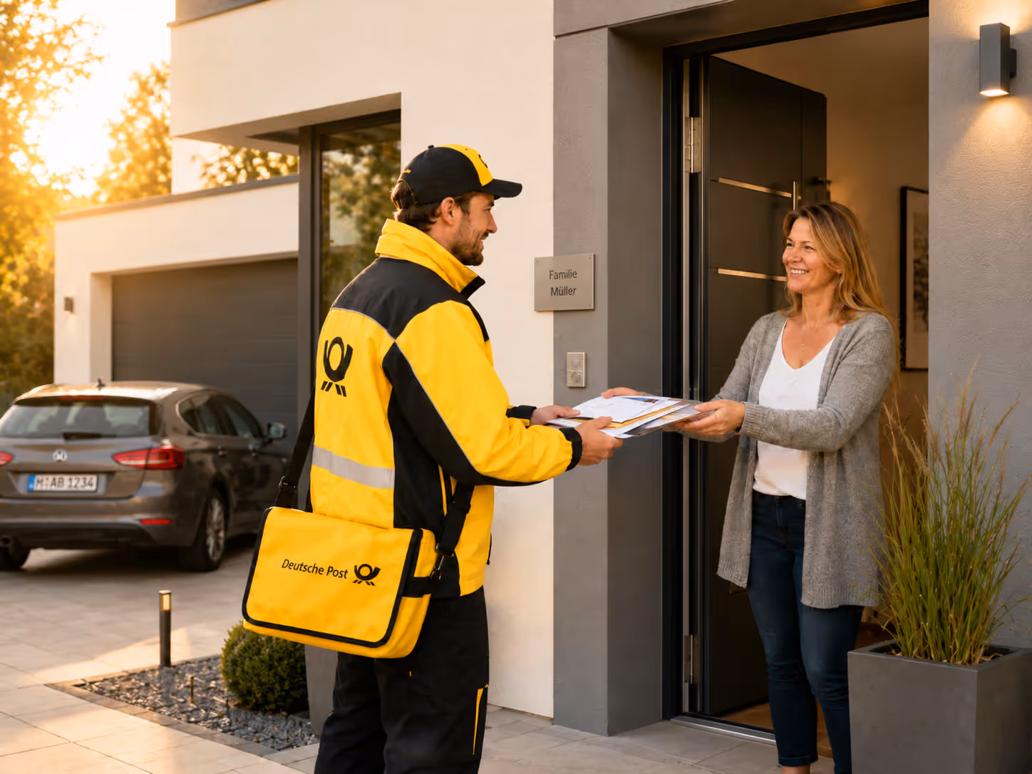 Ein Briefträger übergibt den digital versendeten und von der epostbox produzierten und frankierten Brief an einer Haustür einer Frau.