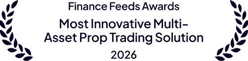 Award graphic with text: FinanceFeeds Awards Most Innovative Multi-Asset Prop Trading Solution 2027, surrounded by a laurel wreath design.