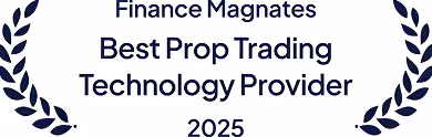 Finance Magnates Best Prop Trading Technology Provider 2025 award text with decorative laurel branches on each side.