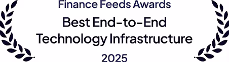 Finance Feeds Awards Best End-to-End Technology Infrastructure 2025 with laurel wreath decoration.