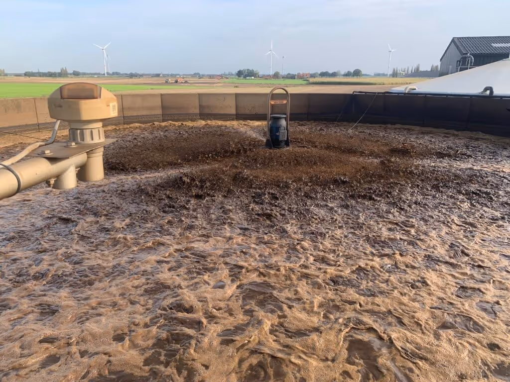 Een grote, ronde mestput met kolkende bruine vloeistof, omgeven door landbouwgrond. Op de achtergrond zijn windturbines en een schuur te zien onder een heldere hemel.
