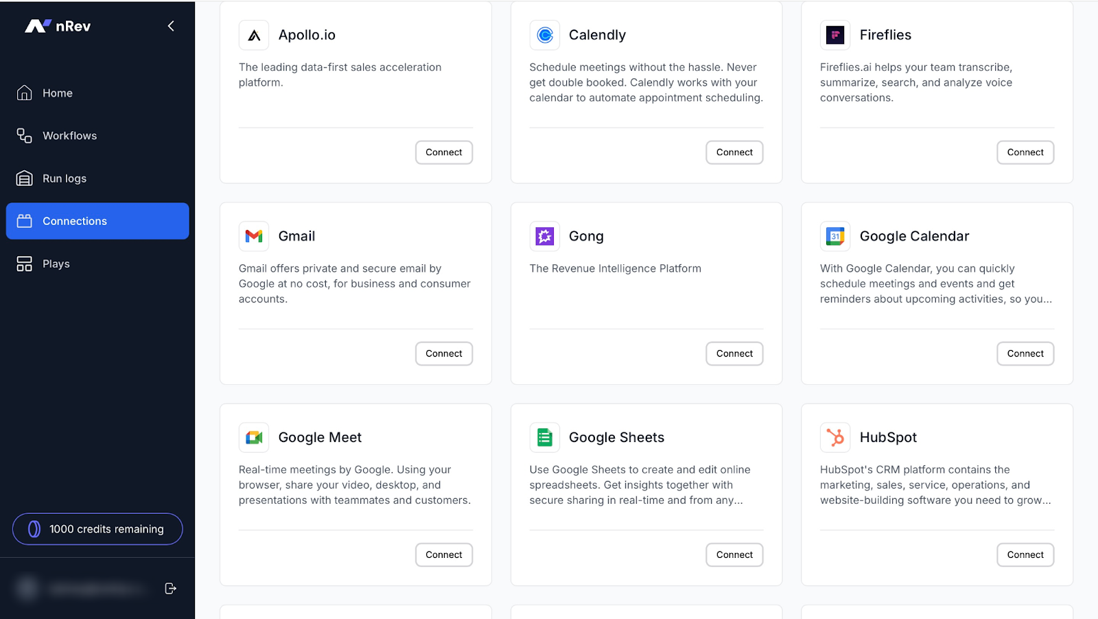 nRev app connections page displaying integration options