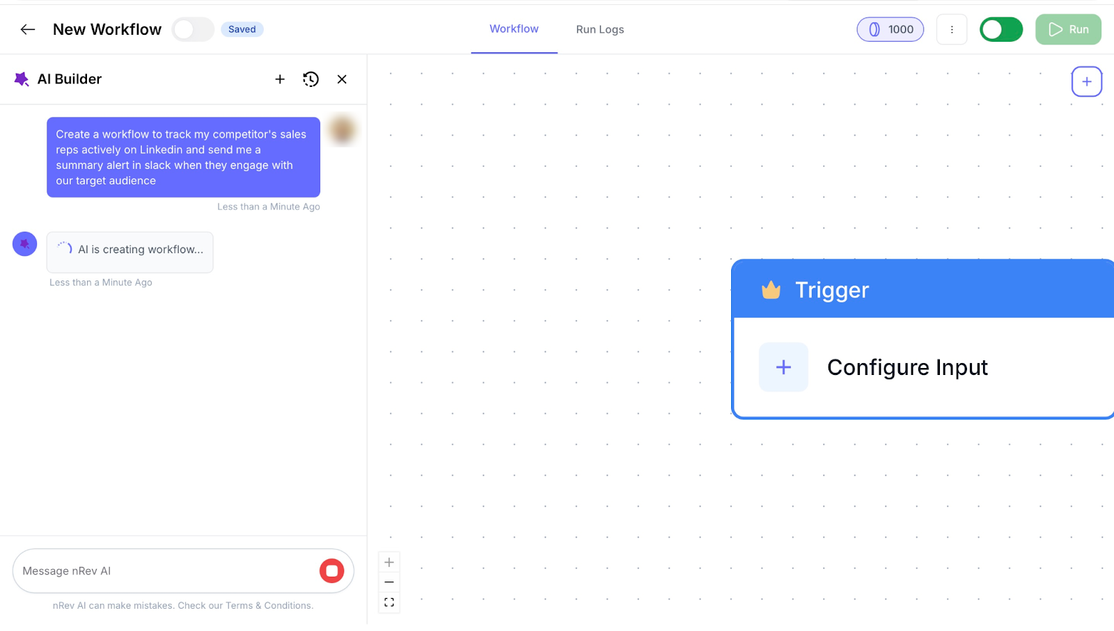 nRev AI builder interface showing setup with trigger configuration in progress