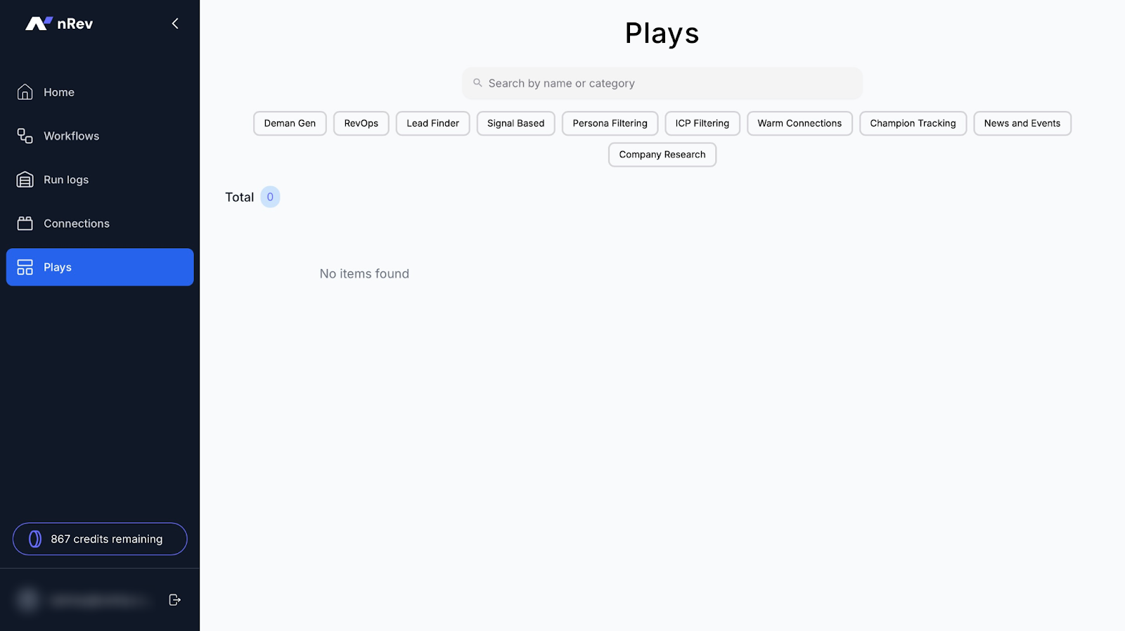 nRev plays section showing search filters for demand
