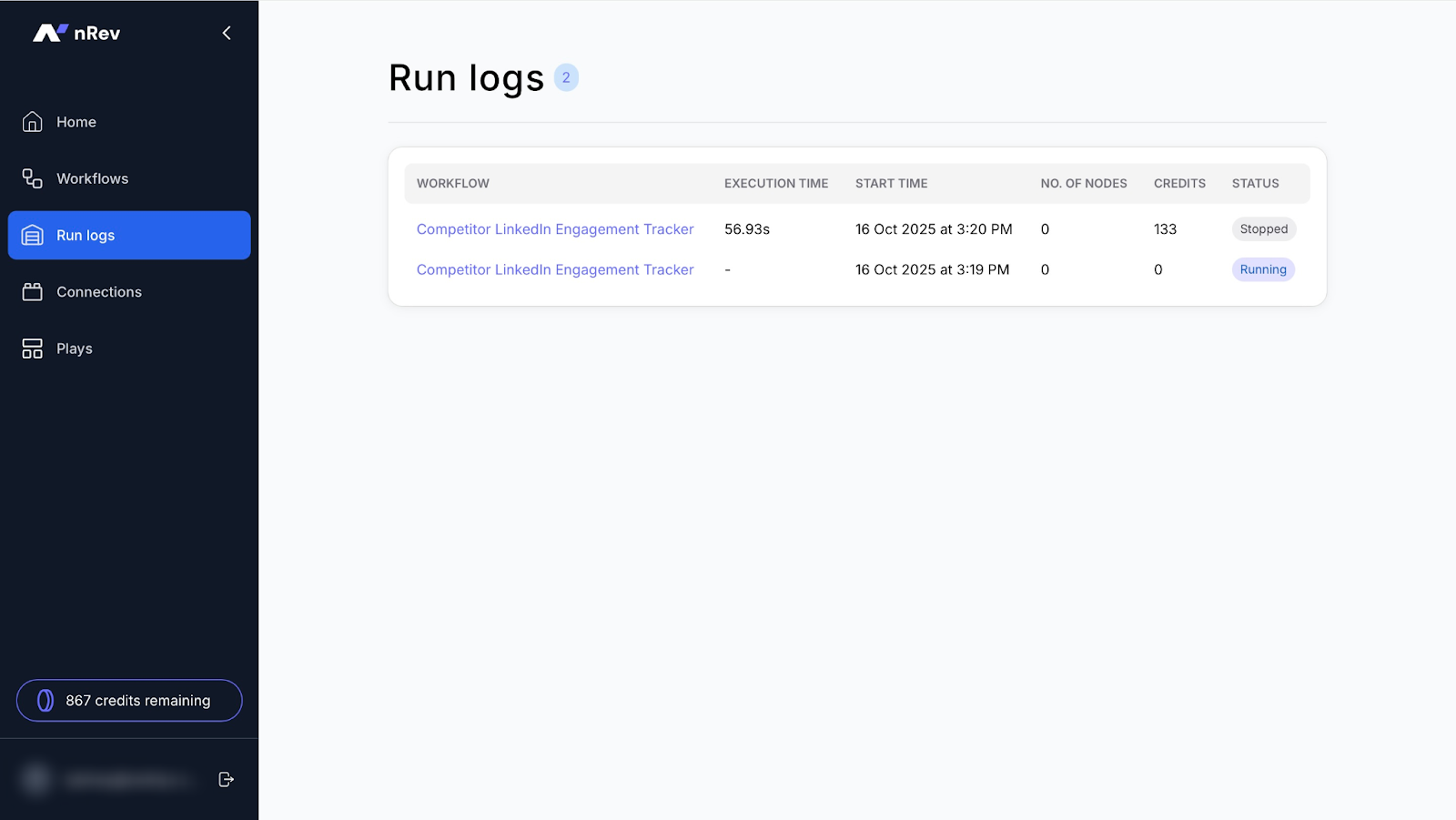 nRev run logs page displaying execution details