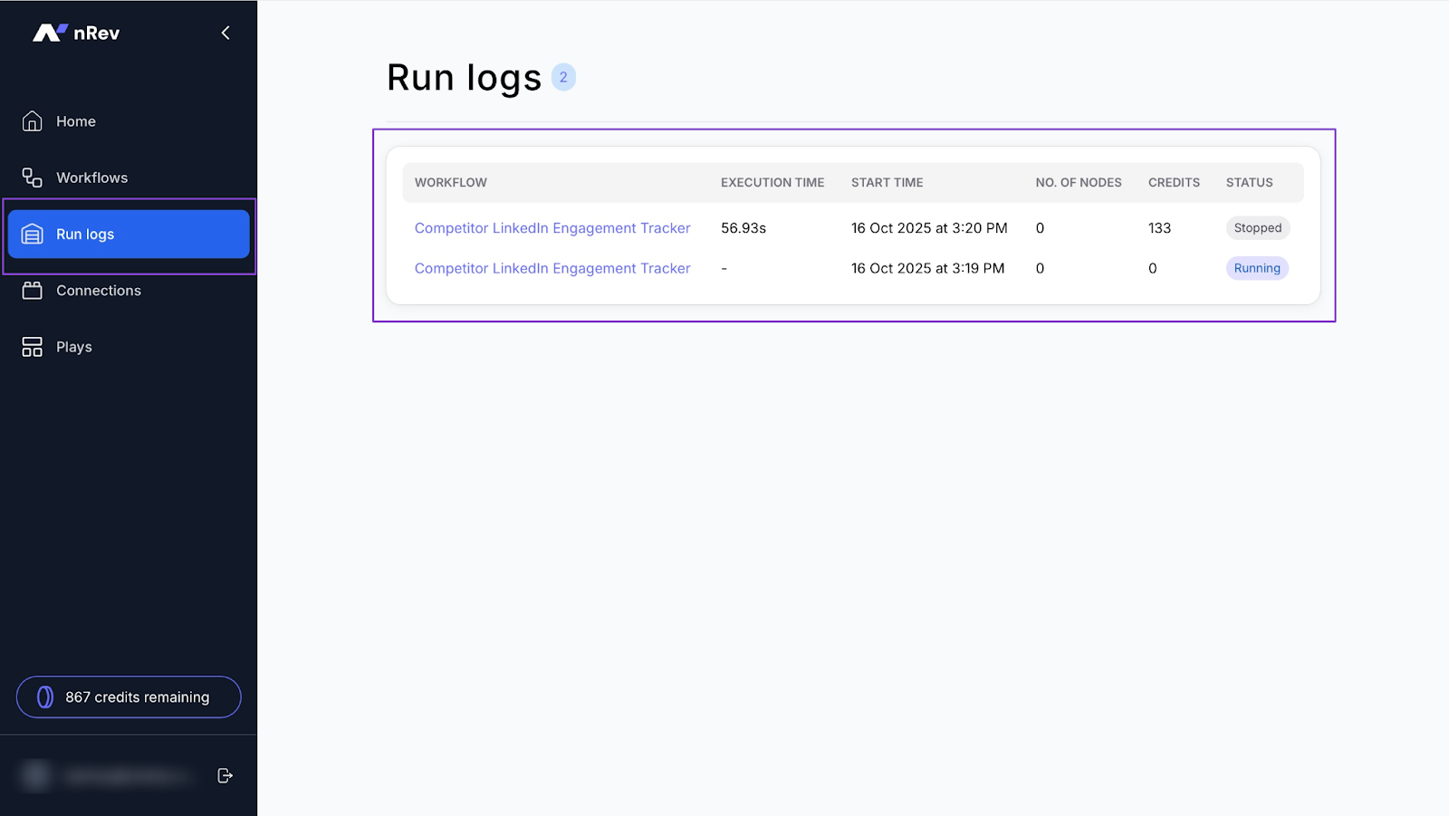 Run logs showing workflow execution time status and credits used