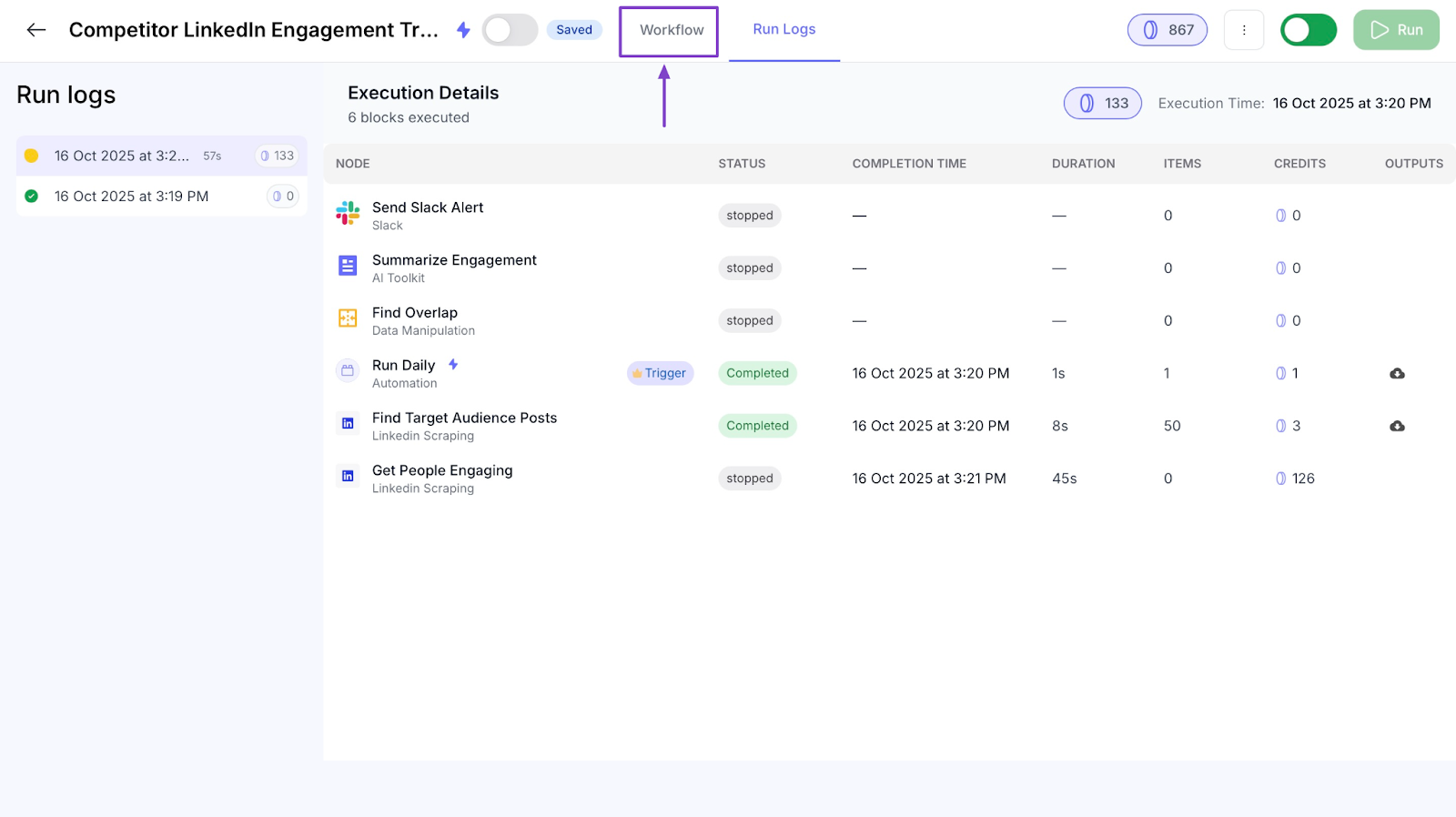 Execution details for a workflow displaying LinkedIn scraping and Slack automation steps