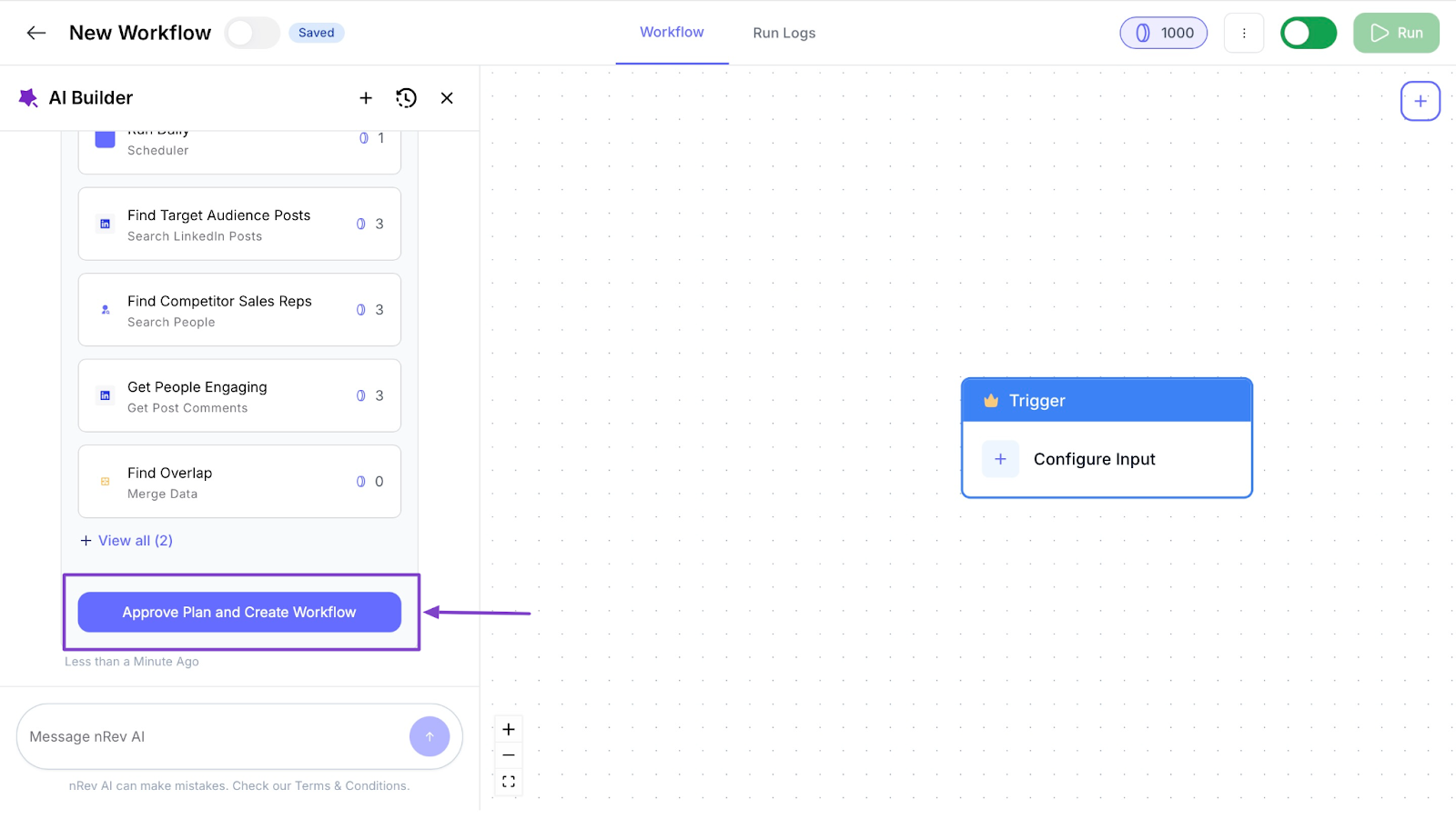 AI builder displaying workflow creation plan with approval option