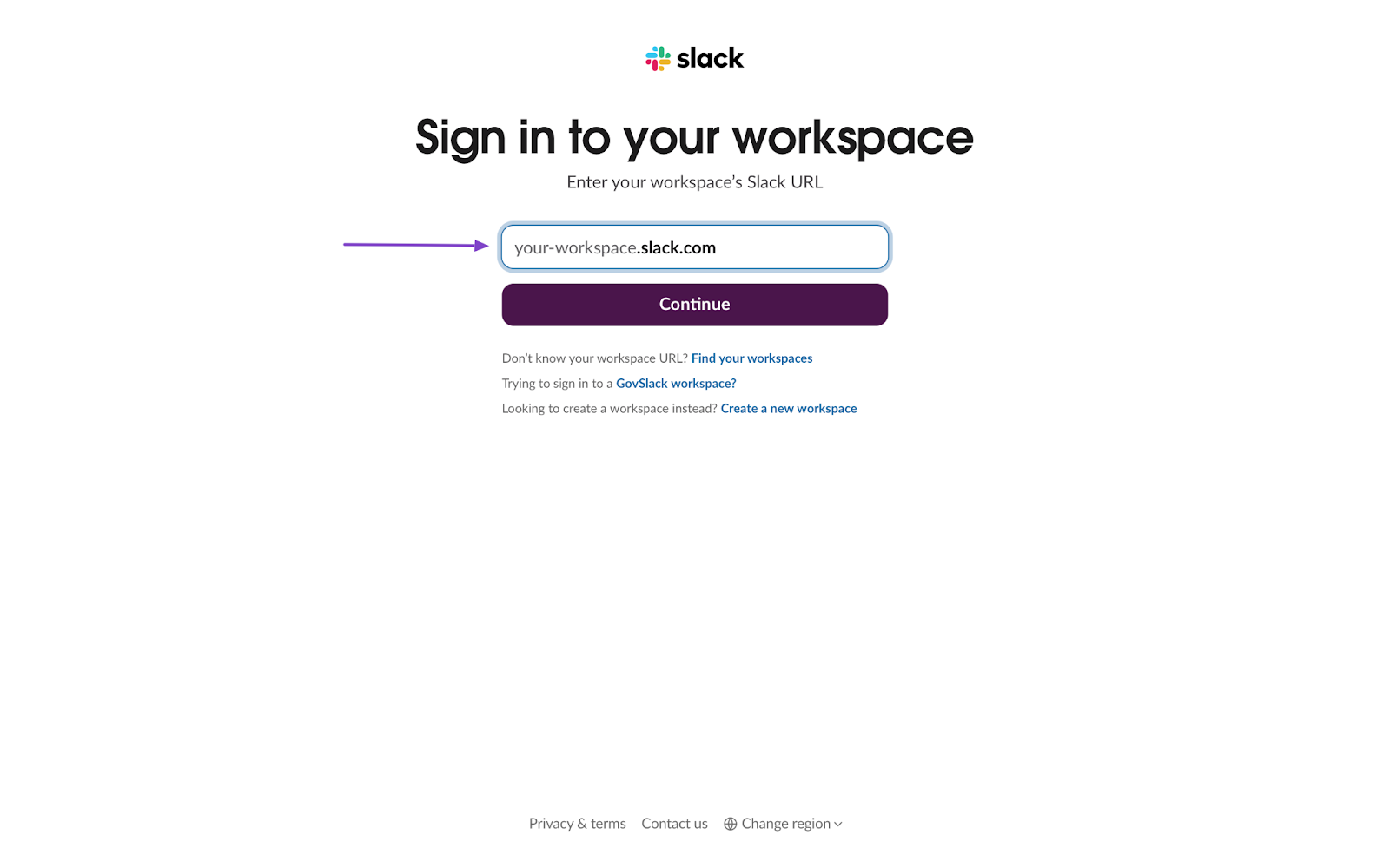 Enter Slack workspace URL to continue connecting the account