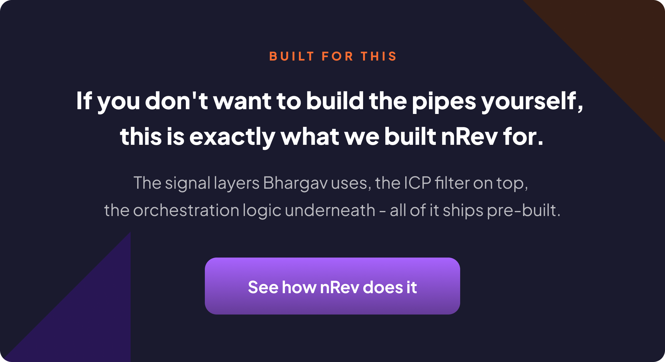 nRev call-to-action: "If you don't want to build the pipes yourself, this is exactly what we built nRev for," with a See how nRev does it button.